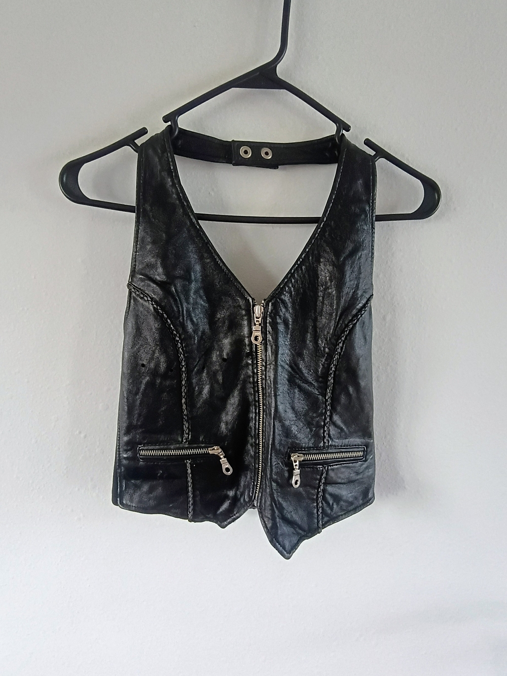 First XS Black Genuine Leather Moto Vest Y2K Biker Zip Up Goth Grunge Top